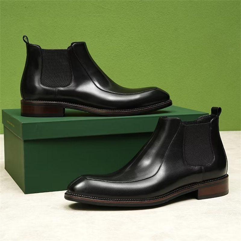 Botas Masculinas Elegantes Couro Com Bico Quadrado Clássico Chelsea Ankle Boots - Preto