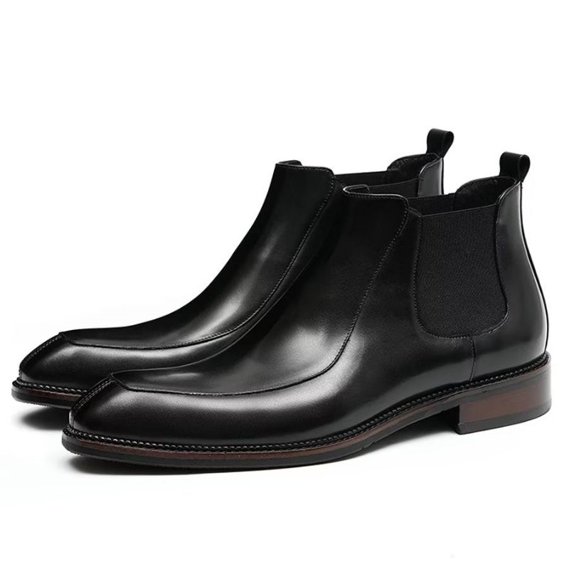 Botas Masculinas Elegantes Couro Com Bico Quadrado Clássico Chelsea Ankle Boots - Preto