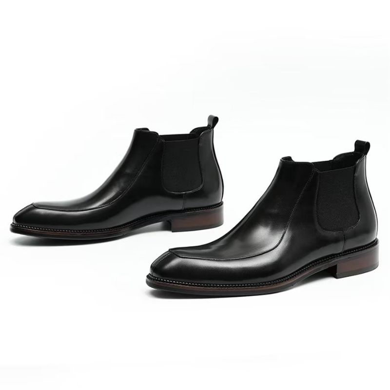 Botas Masculinas Elegantes Couro Com Bico Quadrado Clássico Chelsea Ankle Boots - Preto