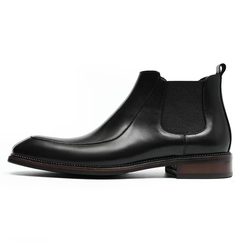 Botas Masculinas Elegantes Couro Com Bico Quadrado Clássico Chelsea Ankle Boots - Preto