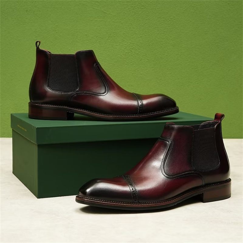 Botas Masculinas Elegantes Couro Com Bico Quadrado E Bota Chelsea - Borgonha