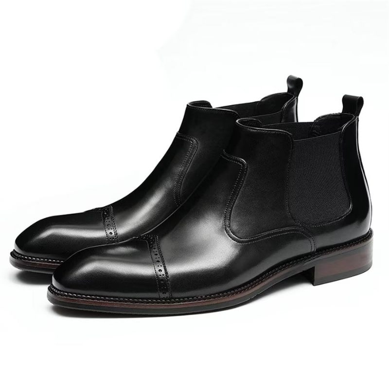 Botas Masculinas Elegantes Couro Com Bico Quadrado E Bota Chelsea - Preto