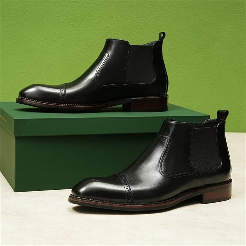 Botas Masculinas Elegantes Couro Com Bico Quadrado E Bota Chelsea - Preto