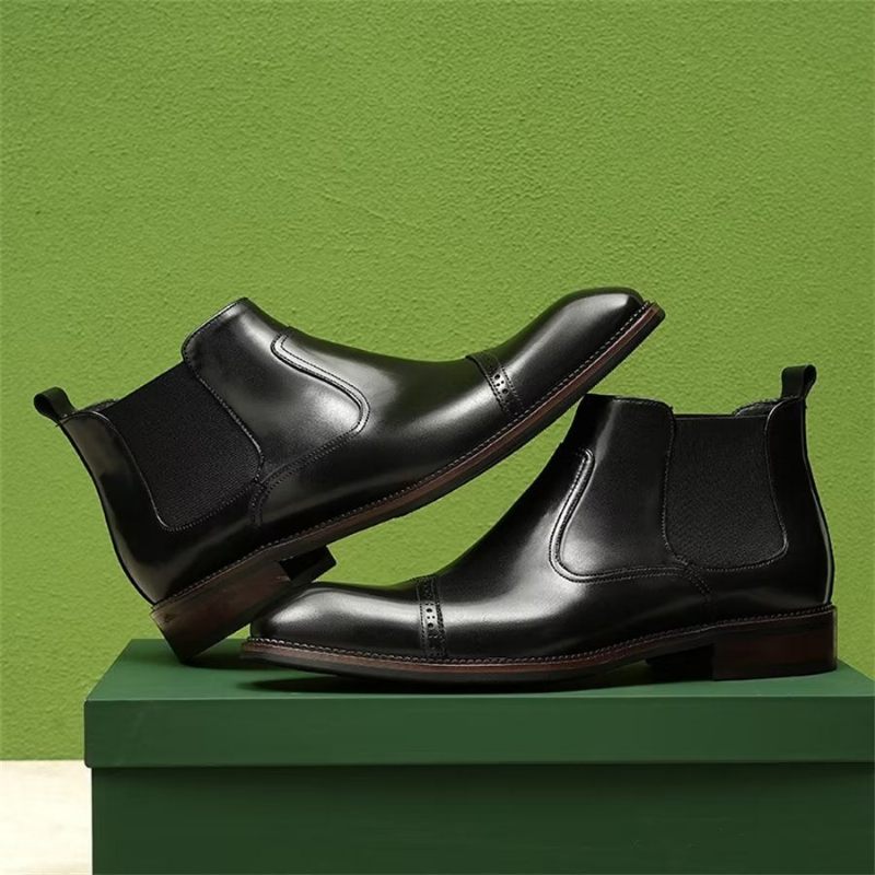 Botas Masculinas Elegantes Couro Com Bico Quadrado E Bota Chelsea - Preto