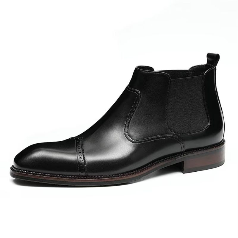 Botas Masculinas Elegantes Couro Com Bico Quadrado E Bota Chelsea - Preto