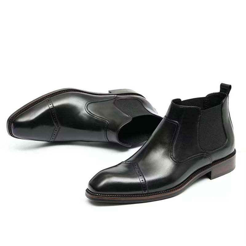 Botas Masculinas Elegantes Couro Com Bico Quadrado E Bota Chelsea - Preto