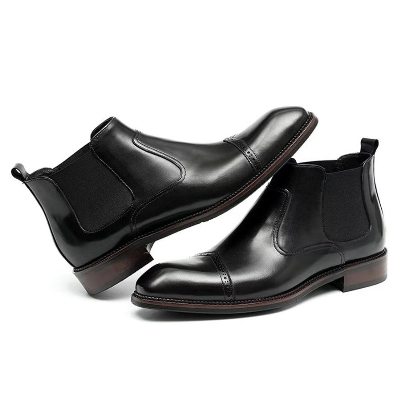 Botas Masculinas Elegantes Couro Com Bico Quadrado E Bota Chelsea - Preto