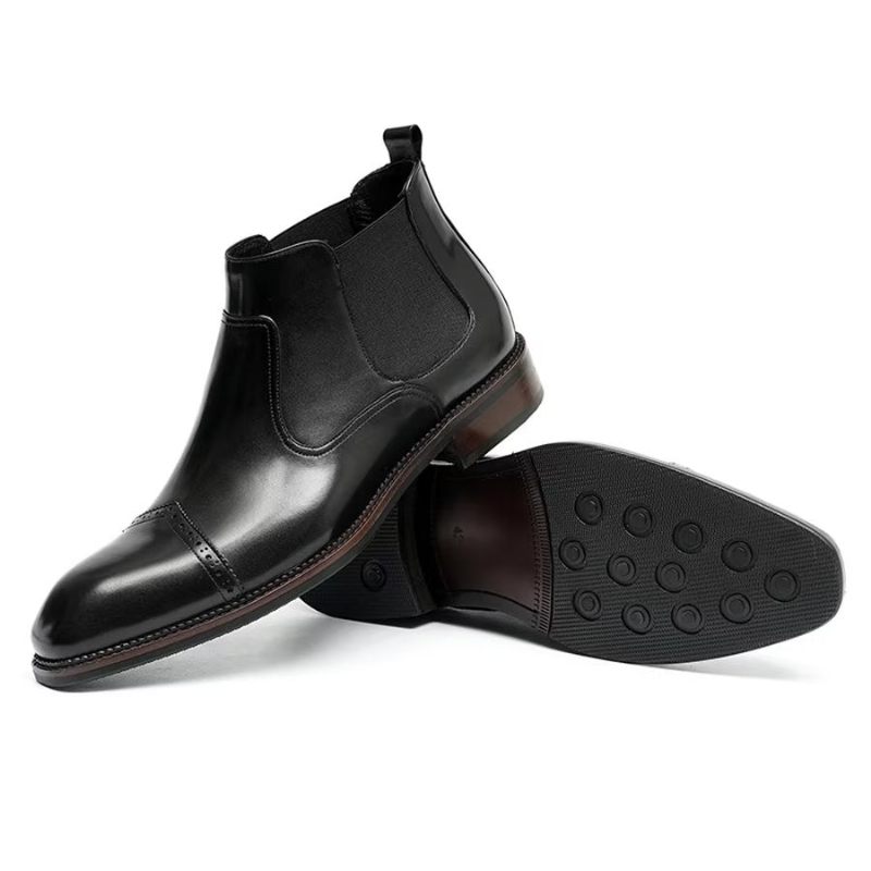 Botas Masculinas Elegantes Couro Com Bico Quadrado E Bota Chelsea - Preto