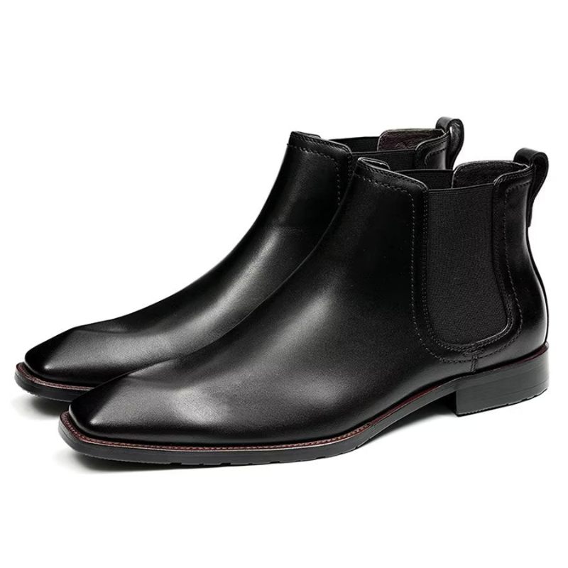 Botas Masculinas Elegantes Couro Com Bico Quadrado E Camurça Chelsea Ankle Boots