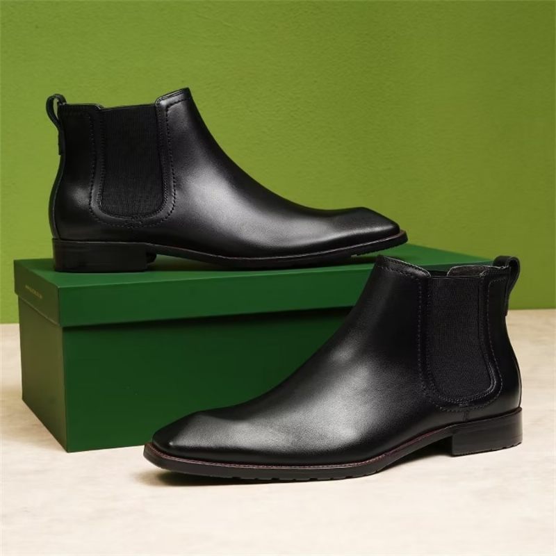 Botas Masculinas Elegantes Couro Com Bico Quadrado E Camurça Chelsea Ankle Boots - Preto