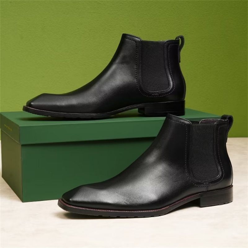 Botas Masculinas Elegantes Couro Com Bico Quadrado E Camurça Chelsea Ankle Boots - Preto