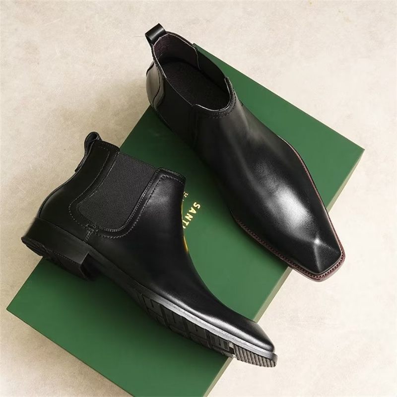 Botas Masculinas Elegantes Couro Com Bico Quadrado E Camurça Chelsea Ankle Boots - Preto