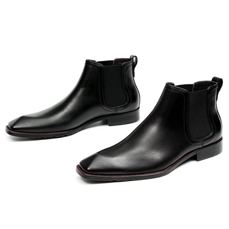 Botas Masculinas Elegantes Couro Com Bico Quadrado E Camurça Chelsea Ankle Boots - Preto