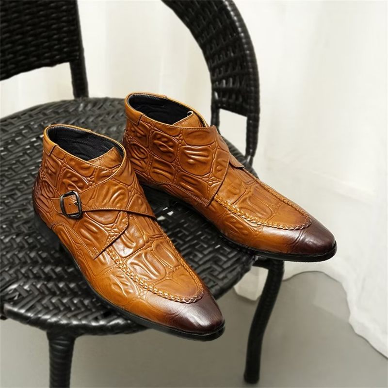 Botas Masculinas Elegantes Couro Com Bico Quadrado E Fivela Chelsea - Marrom