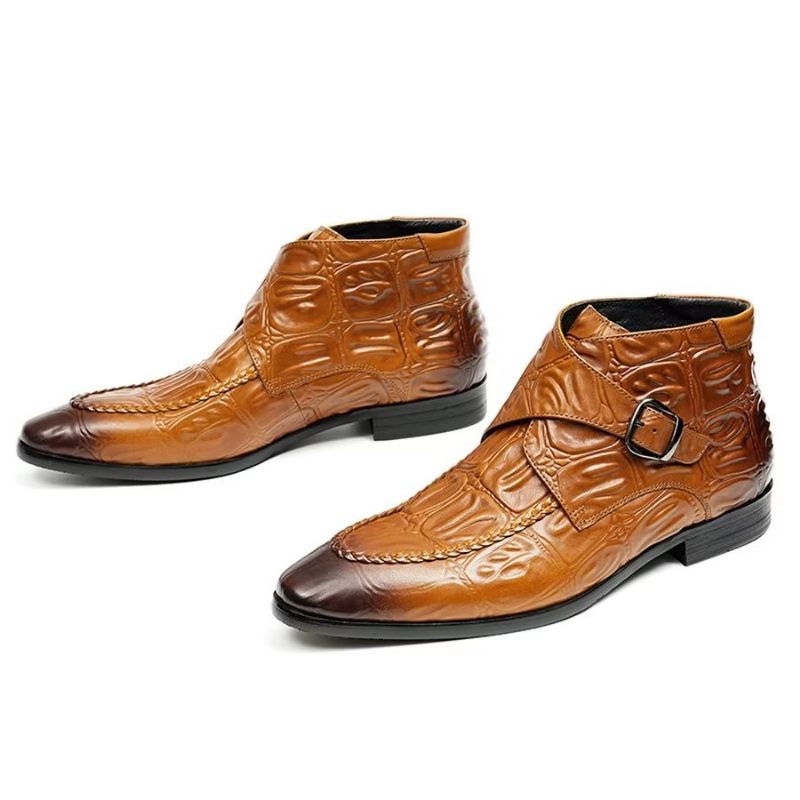 Botas Masculinas Elegantes Couro Com Bico Quadrado E Fivela Chelsea - Marrom