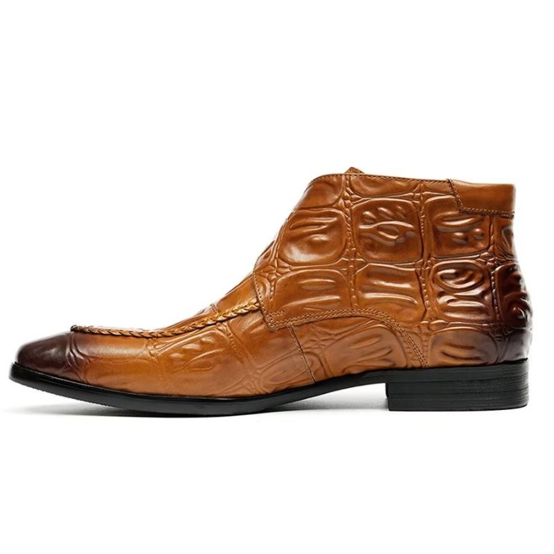 Botas Masculinas Elegantes Couro Com Bico Quadrado E Fivela Chelsea - Marrom