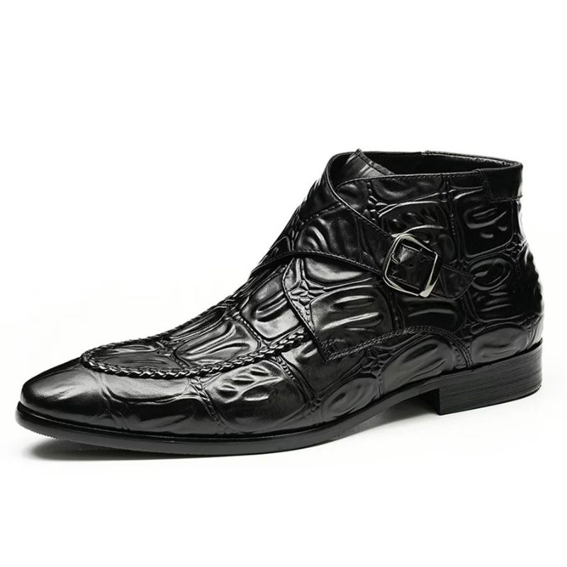 Botas Masculinas Elegantes Couro Com Bico Quadrado E Fivela Chelsea - Preto