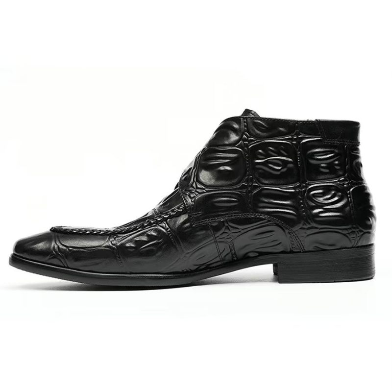 Botas Masculinas Elegantes Couro Com Bico Quadrado E Fivela Chelsea - Preto