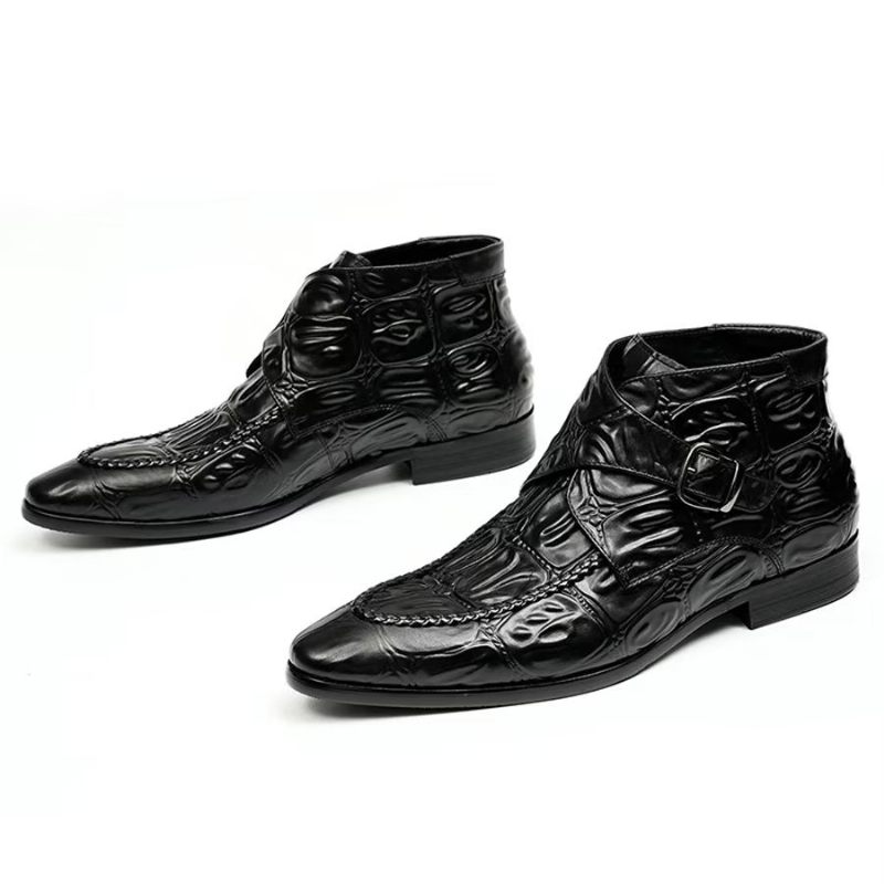 Botas Masculinas Elegantes Couro Com Bico Quadrado E Fivela Chelsea - Preto