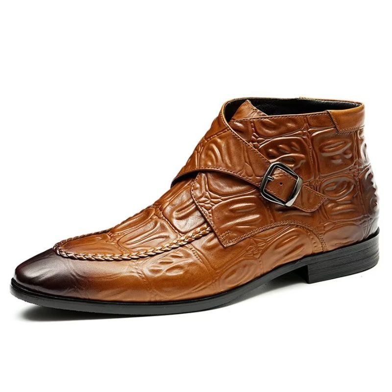 Botas Masculinas Elegantes Couro Com Bico Quadrado E Fivela Chelsea - Marrom