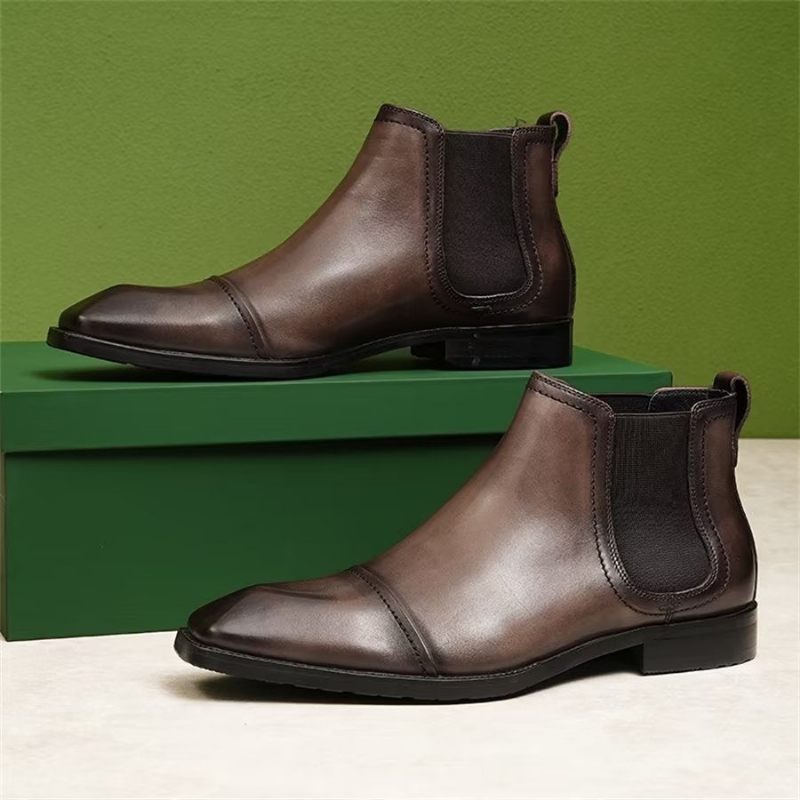 Botas Masculinas Elegantes Couro Com Bico Quadrado Envernizado Chelsea Ankle Boots - Camelo