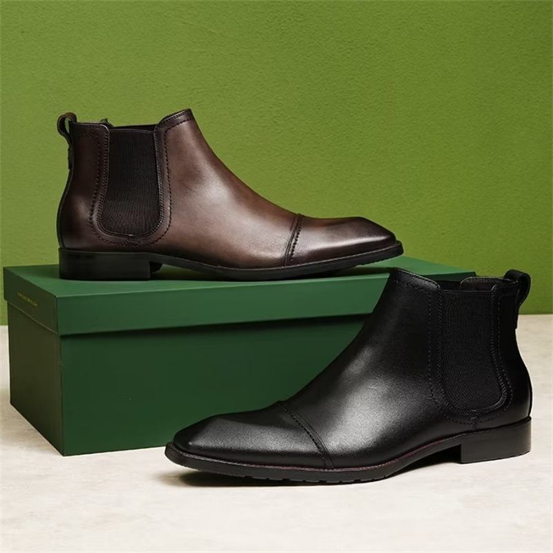 Botas Masculinas Elegantes Couro Com Bico Quadrado Envernizado Chelsea Ankle Boots - Preto