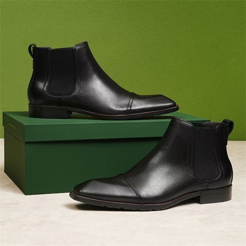 Botas Masculinas Elegantes Couro Com Bico Quadrado Envernizado Chelsea Ankle Boots - Preto