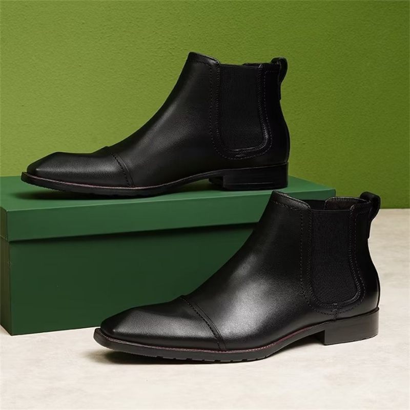 Botas Masculinas Elegantes Couro Com Bico Quadrado Envernizado Chelsea Ankle Boots - Preto