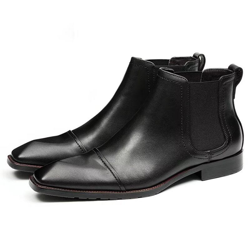 Botas Masculinas Elegantes Couro Com Bico Quadrado Envernizado Chelsea Ankle Boots - Preto