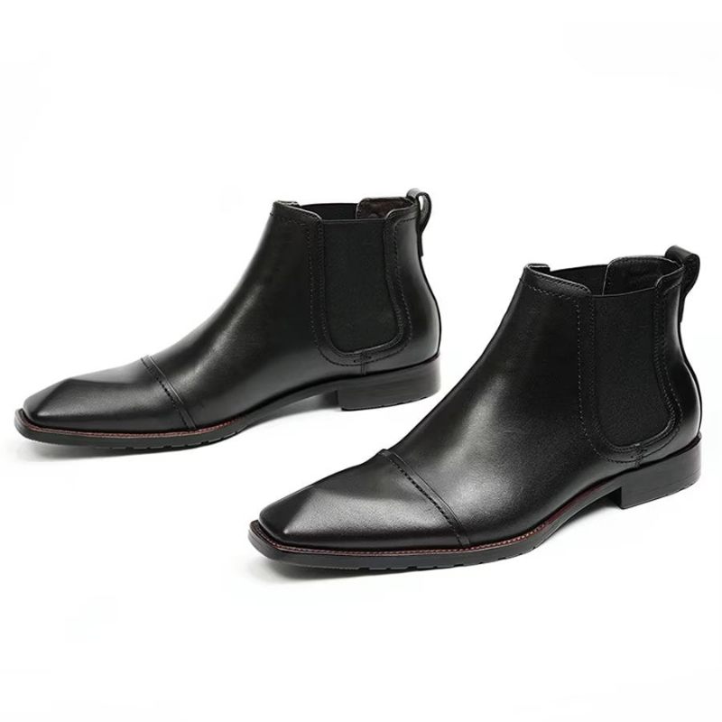 Botas Masculinas Elegantes Couro Com Bico Quadrado Envernizado Chelsea Ankle Boots - Preto