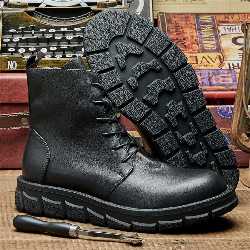 Botas Masculinas Elegantes Couro Com Cadarço E Fivela No Tornozelo - Preto