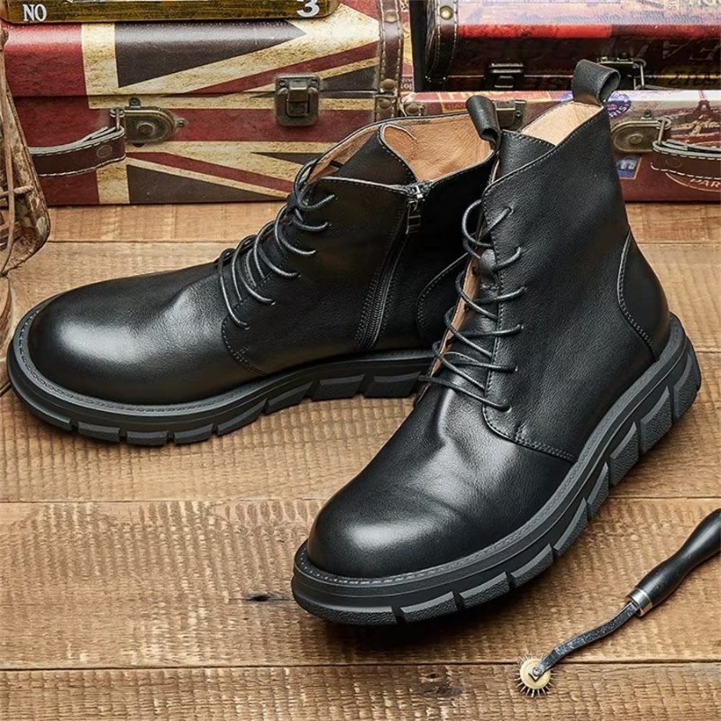 Botas Masculinas Elegantes Couro Com Cadarço E Fivela No Tornozelo - Preto