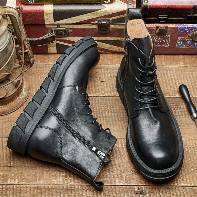 Botas Masculinas Elegantes Couro Com Cadarço E Fivela No Tornozelo - Preto