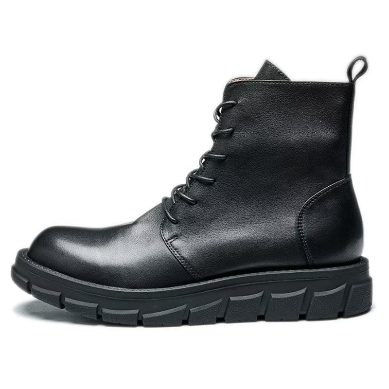 Botas Masculinas Elegantes Couro Com Cadarço E Fivela No Tornozelo - Preto