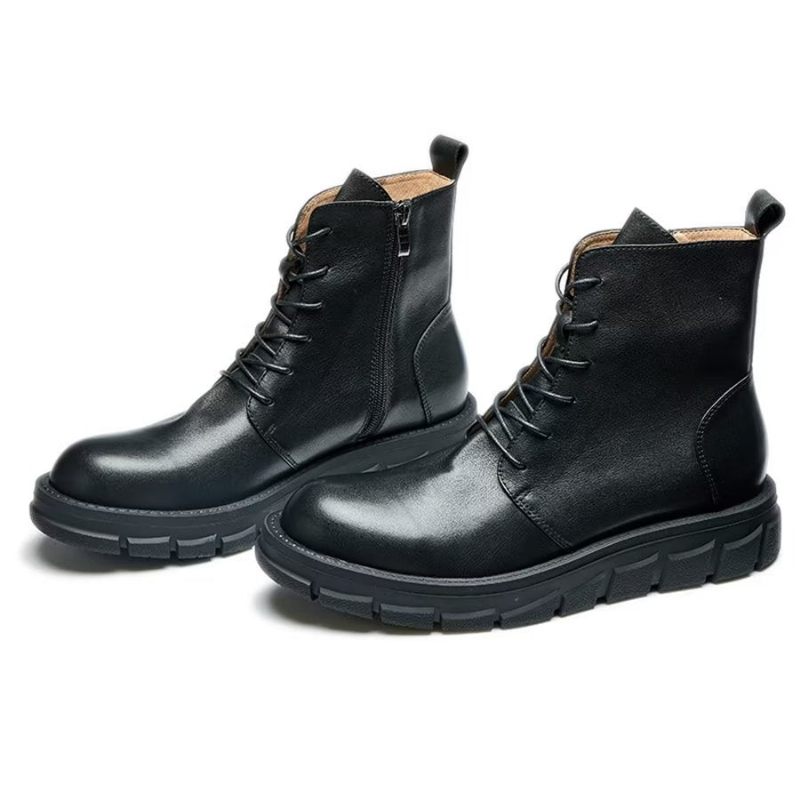 Botas Masculinas Elegantes Couro Com Cadarço E Fivela No Tornozelo - Preto