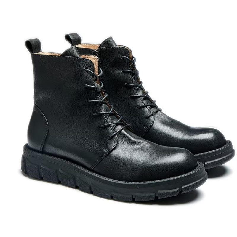 Botas Masculinas Elegantes Couro Com Cadarço E Fivela No Tornozelo - Preto