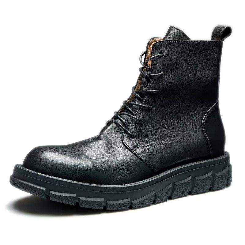 Botas Masculinas Elegantes Couro Com Cadarço E Fivela No Tornozelo - Preto