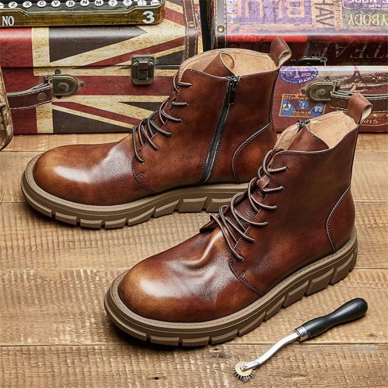 Botas Masculinas Elegantes Couro Com Cadarço E Fivela No Tornozelo - Café