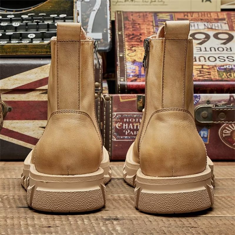 Botas Masculinas Elegantes Couro Com Cadarço E Fivela No Tornozelo - Cáqui