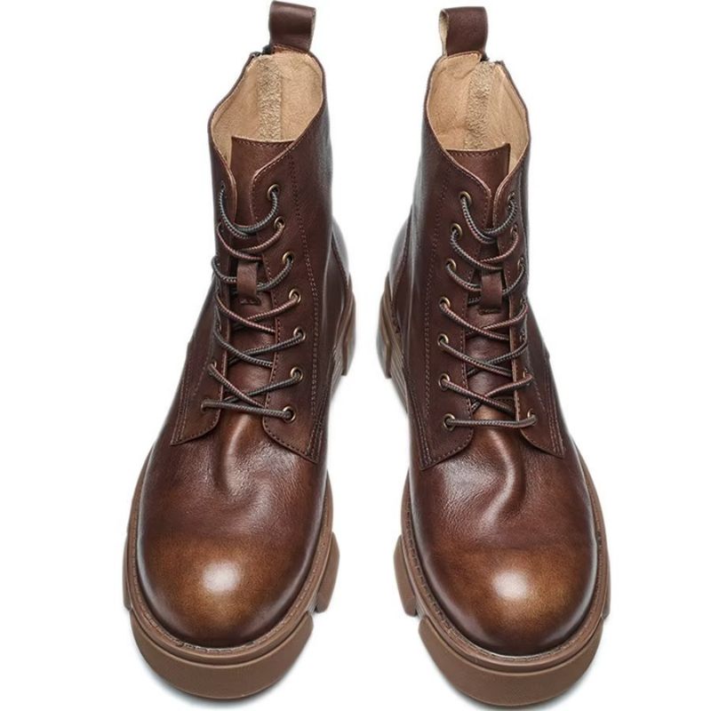 Botas Masculinas Elegantes Couro Com Cadarço E Plataforma No Tornozelo - Café