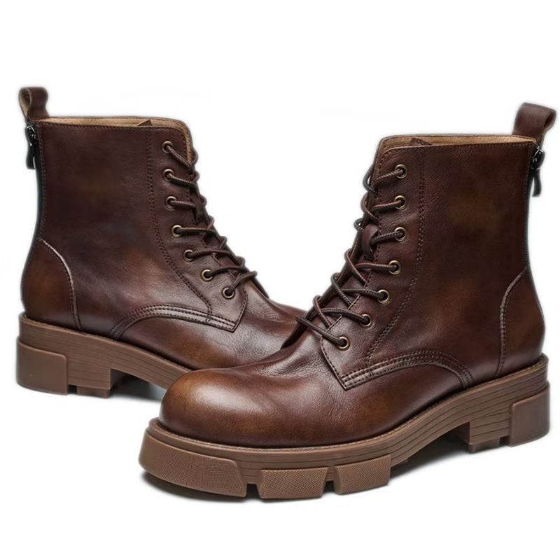 Botas Masculinas Elegantes Couro Com Cadarço E Plataforma No Tornozelo - Café