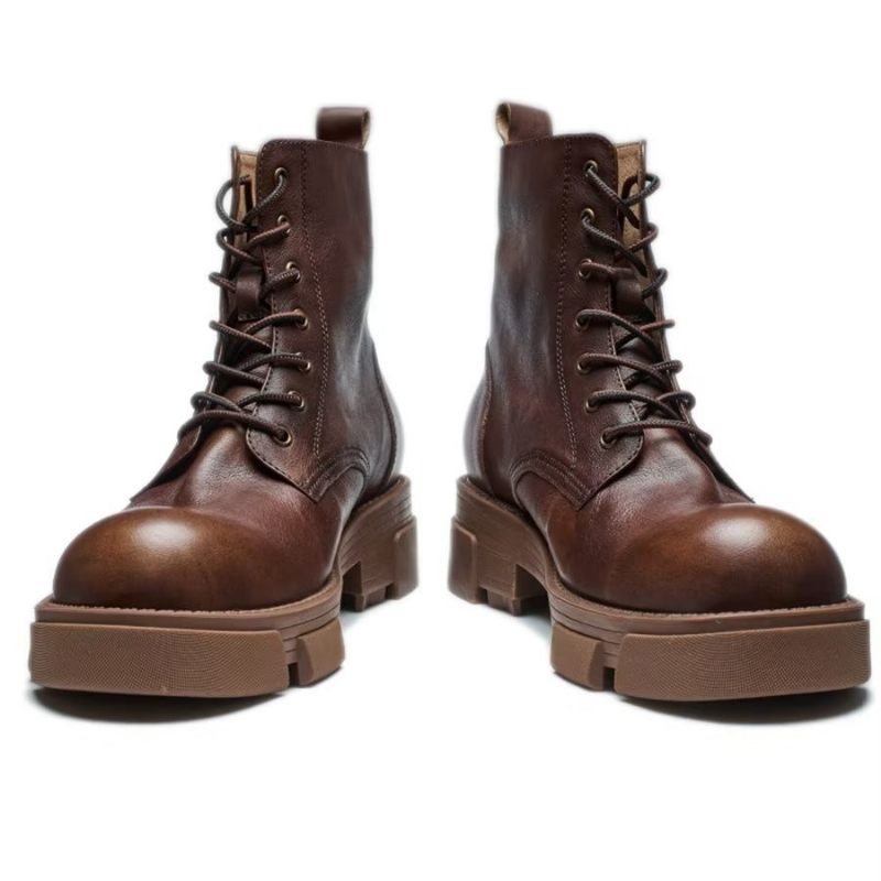 Botas Masculinas Elegantes Couro Com Cadarço E Plataforma No Tornozelo - Café