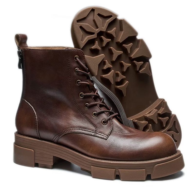 Botas Masculinas Elegantes Couro Com Cadarço E Plataforma No Tornozelo - Café