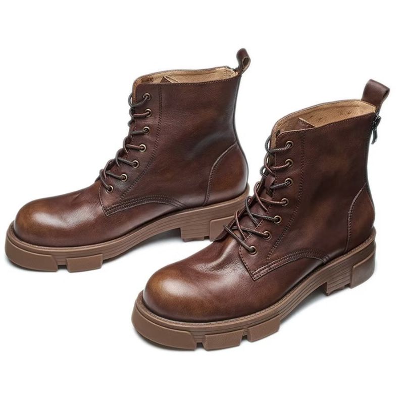 Botas Masculinas Elegantes Couro Com Cadarço E Plataforma No Tornozelo - Café