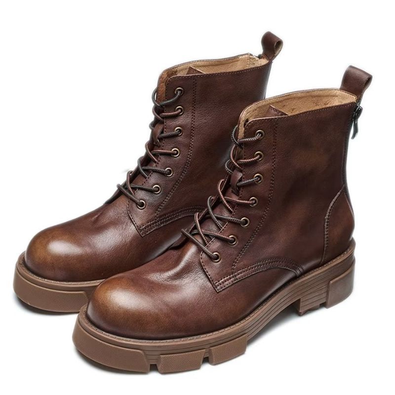 Botas Masculinas Elegantes Couro Com Cadarço E Plataforma No Tornozelo - Café