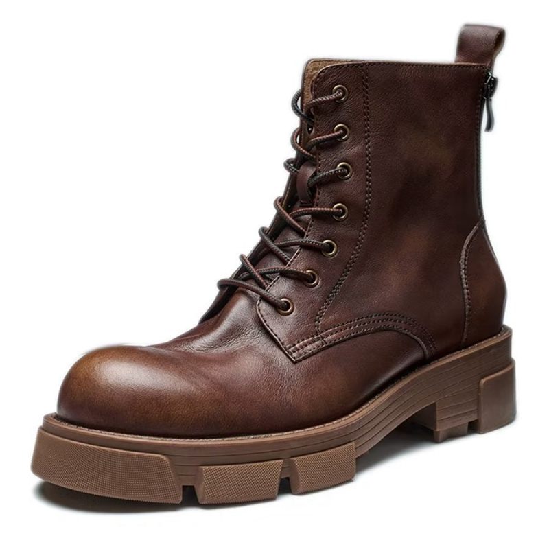 Botas Masculinas Elegantes Couro Com Cadarço E Plataforma No Tornozelo - Café