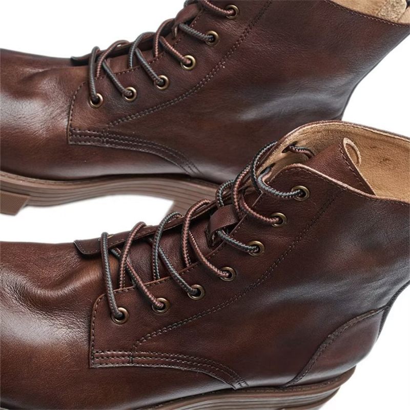 Botas Masculinas Elegantes Couro Com Cadarço E Plataforma No Tornozelo - Café