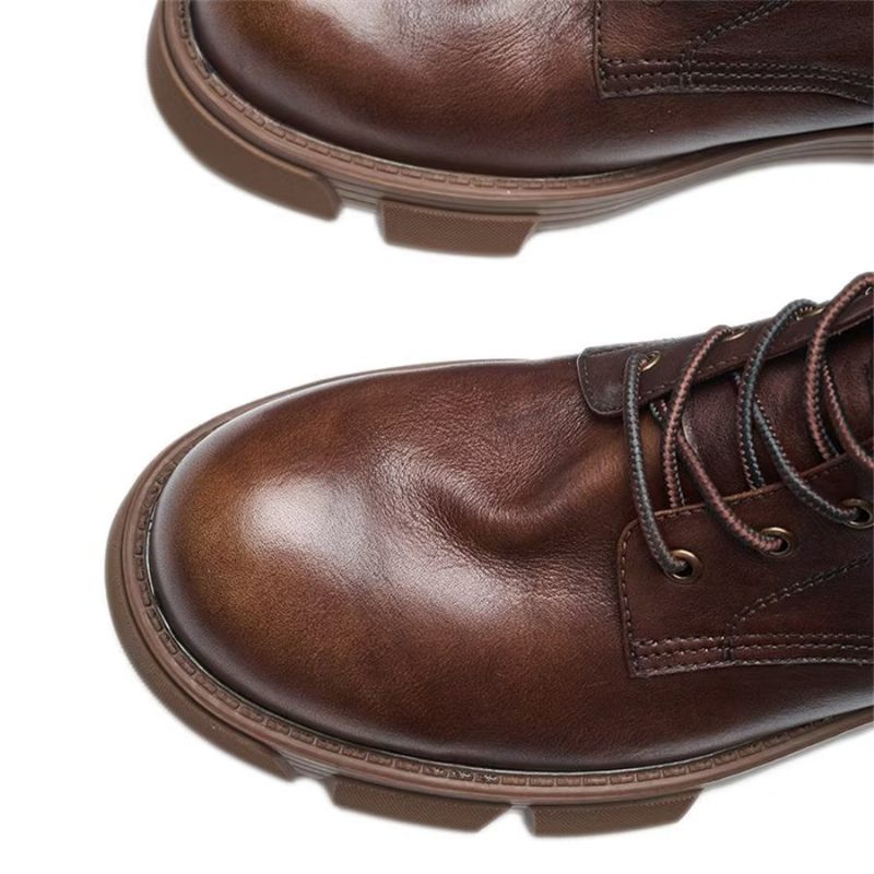 Botas Masculinas Elegantes Couro Com Cadarço E Plataforma No Tornozelo - Café