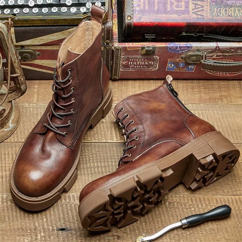 Botas Masculinas Elegantes Couro Com Cadarço E Plataforma No Tornozelo - Café