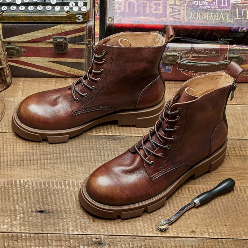 Botas Masculinas Elegantes Couro Com Cadarço E Plataforma No Tornozelo - Café